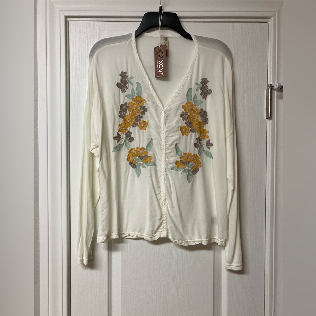 Xcvi Cream V Neck Embroidered Top